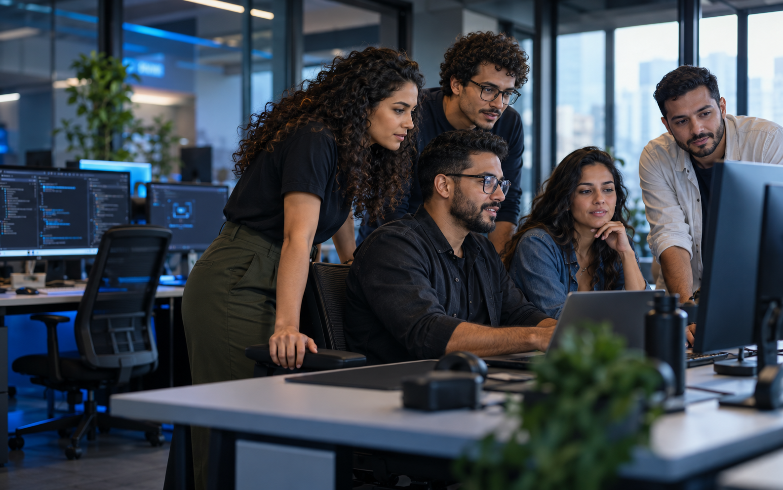 Equipe de tecnologia colaborando no desenvolvimento de software